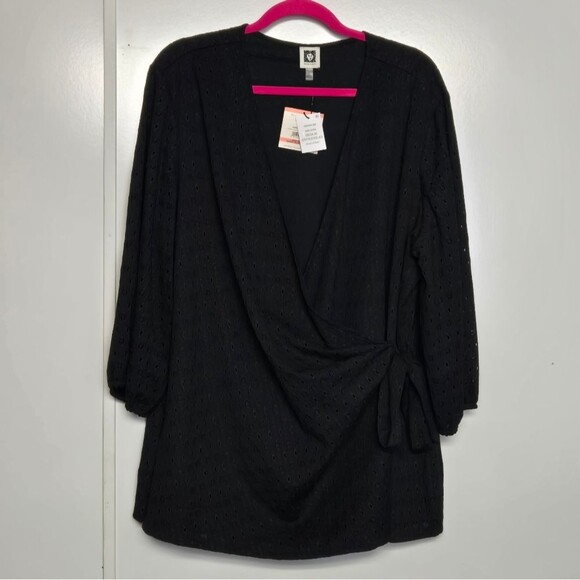 Anne Klein 3/4 Sleeve V-Neck Faux Wrap Top Blouse Eyelet Cutout Pattern … - Picture 1 of 11
